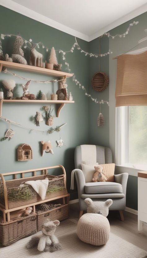 Woodland-themed nursery with cozy forest vibes. Fairy Garden Nursery Theme, Nature Nursery Theme, Cottage Core Boy, Garden Nursery Theme, Boy Nursery Woodland, Forest Themed Nursery, Green Baby Nursery, Forest Nursery Theme, Bears Nursery