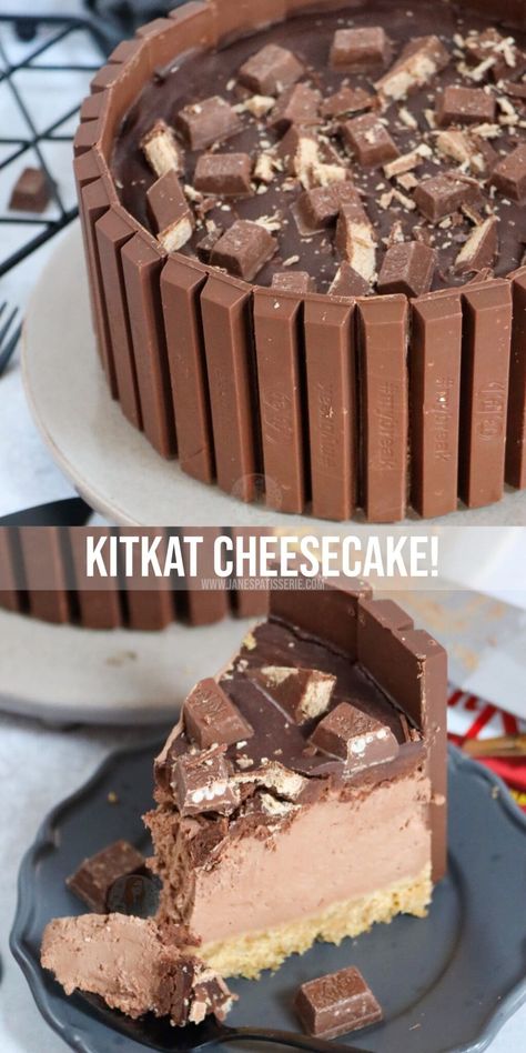 No-Bake KitKat Cheesecake! - Jane's Patisserie Kitkat Cheesecake, Jane Patisserie, Kit Kat Cheesecake, Vegeterian Dishes, Reuben Dip, Janes Patisserie, Chocolate Cheesecake Recipes, Tart Dessert, Baked Cheesecake Recipe