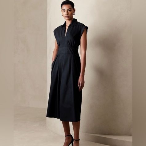 NWT! Black Banana Republic Collar-Neck Poplin Midi Dress - Multiple Sizes Banana Republic Outfits, How To Look Expensive, Black Banana, Crossover Dress, Black Slip Dress, Essential Dress, Collar Neck, Poplin Dress, Clothing Inspiration