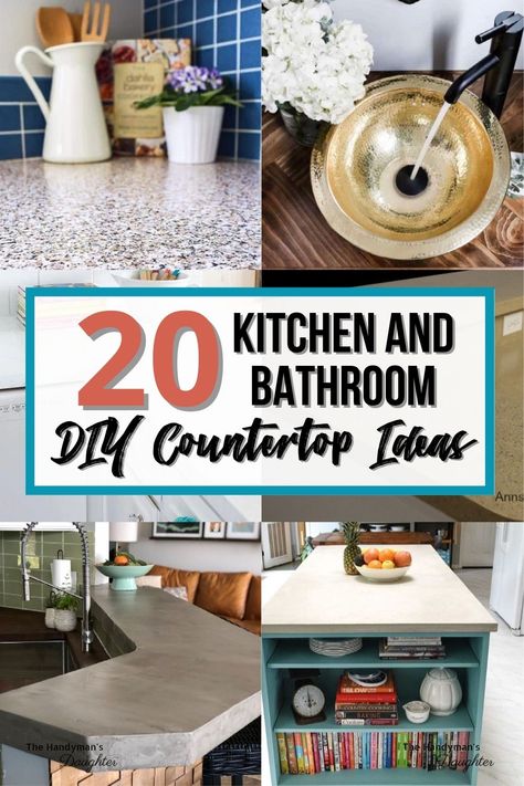 Want to save money on your next remodel? Skip the granite or quartz and make one of these DIY countertops for your kitchen or bathroom instead! Tile Countertops Diy, Bathroom Countertop Ideas, Countertop Covers, Diy Wood Countertops, Refinish Countertops, Countertop Makeover, Diy Kitchen Countertops, Countertop Ideas, Painting Countertops