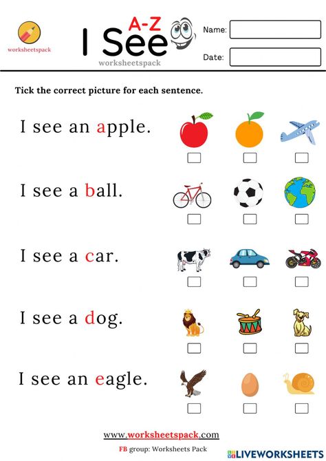 Pre Reading Worksheets, Sentence For Kindergarten, I See Sentences Kindergarten, I See Worksheet, Alphabet Sentences Free, Picture Reading For Kids, Preschool English Worksheets For Kids, Worksheets For Kids English Activities, English Lessons For Kids Preschool