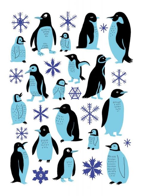 Pinguin Illustration, Penguin Parade, Penguin Illustration, Penguin Art, Penguin Love, Winter Illustration, Risograph Print, Winter Animals, Cartoon Character Design