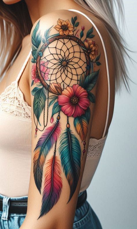 Let your skin tell a story of courage and freedom with this dreamcatcher adorned in eagle feathers. Dreamcatcher Tattoo Sleeve, Floral Dream Catcher Tattoo, Sunflower Dreamcatcher Tattoo, Tattoo Ideas Dream Catcher, Tara Tattoo, Dreamcatcher Tattoo Thigh, Indian Feather Tattoos, Lower Leg Tattoos, Camera Tattoos