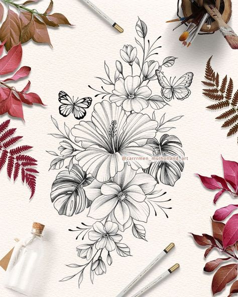 Just Hibiscus Tattoo Designs SWIPE LEFT 🤗 which one is your fave? Please note, all designs are sold. Please do not copy or tattoo 🧡 #hibiscus #floralartwork #hibiscustattoo #tropicalflowers #hibiscusdrawing #flowerdrawing #inkonpaper #tattoo2me #tattooinspiration #flowertattoo Tattoo Ideas Tropical, Sunflower And Hibiscus Tattoo, Whale Flowers Tattoo, Mums Flower Tattoo, Native Hawaiian Flowers, Hawaii Flower Tattoo Hibiscus, Monstera Leaves Tattoo, Hybiscus Tattoo, Hibiscus Tattoo Sleeve