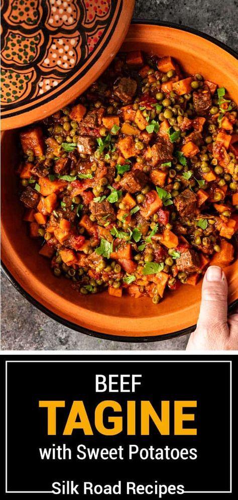 This recipe for beef tagine (or made in a Dutch oven) with sweet potatoes is a Moroccan dish flavored with preserved lemon and ras-el-hanout. Beef Tagine Recipes, Moroccan Beef Stew, Moroccan Tagine Recipes, Beef Tagine, Tajin Recipes, Moroccan Beef, Tagine Cooking, Moroccan Stew, Beef And Potato Stew