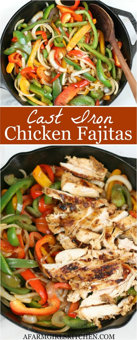 Cast Iron Chicken Fajitas are a quick and easy meal with boneless chicken breasts, sauteed onions, bell peppers, and topped with chipotle lime crema. #fajitas #chicken #castironrecipes #chickenfajitas #Mexicanchicken #castiron Chipotle Lime Crema, Fajitas Chicken, Cast Iron Skillet Recipes Dinner, Easy Chicken Fajitas, Cast Iron Skillet Cooking, Cast Iron Chicken, Sauteed Onions, Lime Crema, Easy Skillet Meals