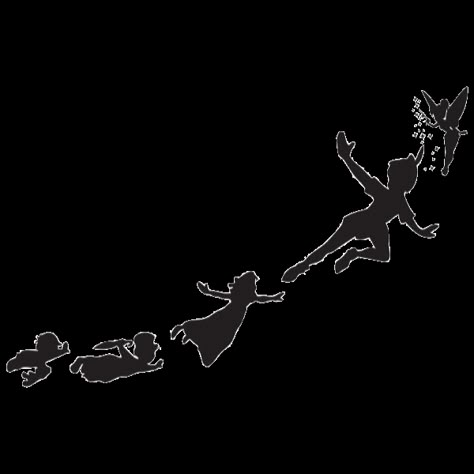 Peter Pan Cricut, Peter Pan Flying Tattoo, Peter Pan Silhouette Flying, Never Land Tattoo, Peterpan Tattoo, Skateboard Collage, Disney Tattoos Peter Pan, Peter Pan Drawing, Disney Characters Silhouettes