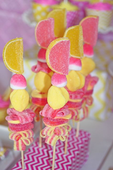 Candy-Inspired Bridal Shower Tutorial | CandyStore.com Pink Lemonade Stand, Lemonade Stand Birthday Party, Lemonade Stand Birthday, Lemonade Stand Party, Pink Lemonade Party, Candy Kabobs, Lemonade Party, Wedding Shower Decorations, Candyland Party