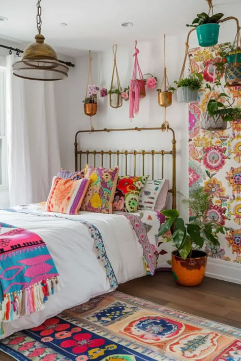 Bohemian Bedroom Decor Colorful, Bedroom Boho Colorful, Boho Room Colorful, Colourful Bohemian Decor, Boho Bright Bedroom, Boho Room Vibes, Natural Life Room, Bright Bedding Ideas, Anthropology Bedroom Inspiration