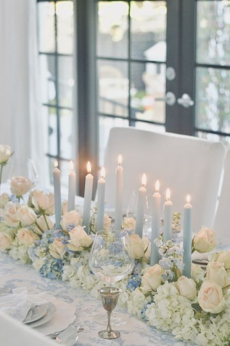 How To Recreate This Stunning French Blue & White Table For Chanukah | Articles Blues And White Wedding, Light Blue White And Gold Wedding, Blue And White Christmas Wedding, Blue And White Flowers Centerpieces, Blue And White Wedding Table Flowers, Wedding Reception Blue And White, Wedding Flowers Blue And White, Blue And White Wedding Round Table Decor, Classic Blue Wedding Table Decor