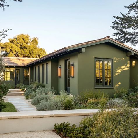 Sage Green Brick House Exterior, Olive Exterior House Colors, Exterior House Colors For Stucco Homes, Green Craftsman Exterior, Green Exterior House Colors Stucco, Green Stucco House, Exterior Color Schemes Green, Olive Green Exterior House Colors, Olive Green House Exterior