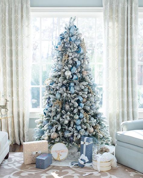 Blue & gray beauty ... | by @bluegraygal | Blue Christmas Tree Decorations, Blue Christmas Decor, Elegant Christmas Trees, Blue Christmas Tree, Silver Christmas Tree, Gold Christmas Decorations, Fun Christmas Decorations, Christmas Tree Inspiration, Flocked Christmas Trees