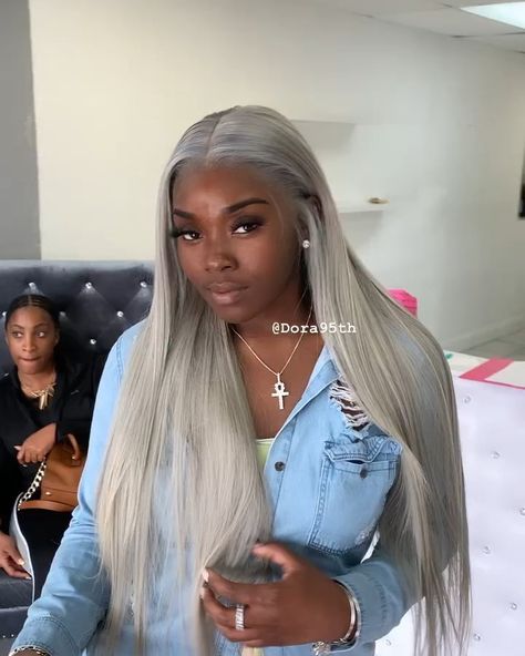 Dora on Instagram: “Frontal sew in 🔥🔥🔥🔥🔥🔥 #frontalsewin #lacefrontalsewin #fulllacewigs” Grey Hair On Black Women, Silver Hair On Black Women, Silver Hair Black Women, Silver Hair On Dark Skin, Curly Silver Hair, 16 Hairstyles, Birthday Hairstyle, Weave Ideas, Hoco 2023