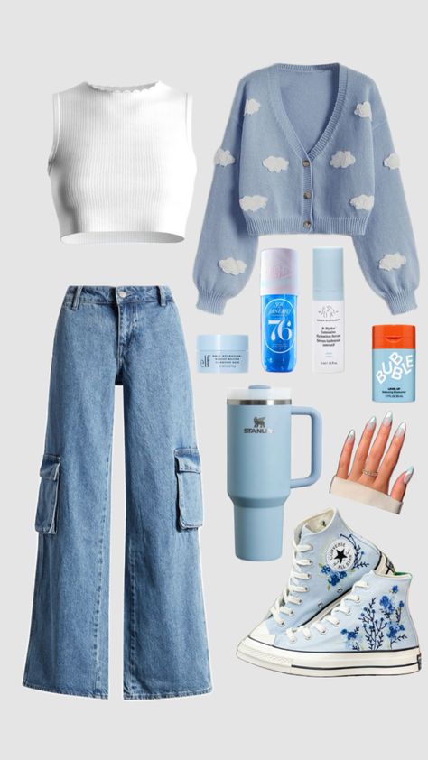 Blue Fit! Who likes??? #bluefit #outfitaesthetic #rlybored Blue Aesthetic Outfit Ideas, Blue Outfit Collage, Ocean Inspired Outfits Casual, Cute Blue Outfits Aesthetic, Blue And White Aesthetic Outfit, Preppy Blue Outfits, Blue Clothing Aesthetic, Trendy Converse Outfits, Blue Cute Outfits