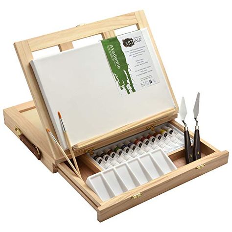 Artina 19 pcs Art Set Milano with Tabletop Easel Canvas 20x30 cm Acrylic Paint Brush Palette Spatula Pochade Box, Drawing Furniture, Table Easel, Tabletop Easel, Art Studio Room, Acrylic Paint Brushes, Art Easel, Acrylic Paint Set, Art Storage