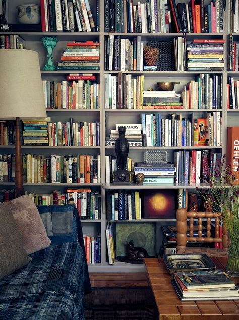 Gray Bookshelves, Full Bookshelves, Bookshelves Painted, Greenwich Village Apartment, Beautiful Bookshelf, Living Space Decor, Book Pictures, Under Stairs Cupboard, Miniature Ideas