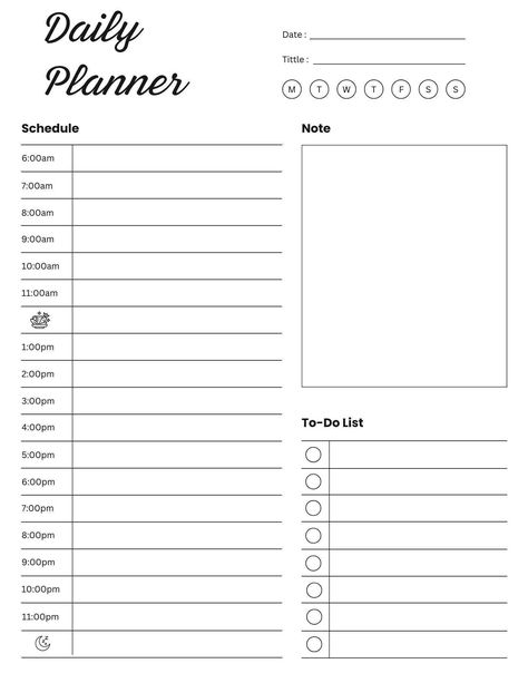 Black and White Simple Minimalist Daily Planner. This is a printable, undated daily planner. Just download and print. Print as many pages as you need. Print from your home printer or send to a local print shop. You can download these digital item... Daily Planner Template Black And White, Daily Planner Sheets Free Printable, To Do List Template Black And White, Time Management Sheets Daily Planners, Black And White Planner Printables Free, Daily Planner Black And White, Student Daily Planner, Time Management Worksheet, Daily Work Planner