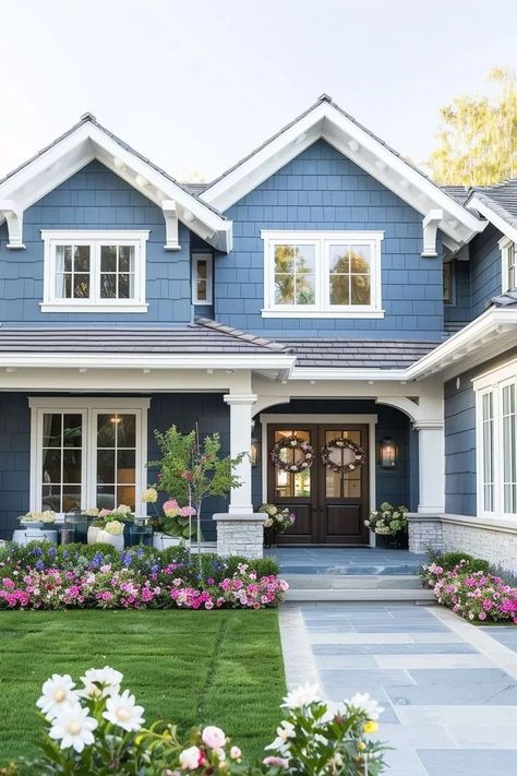 Choosing An Exterior Paint Color: 7 Tips that'll Make it Easy - Kaitlin Madden Home Blogger White House Blue Shutters Coastal, Southern Living Exterior Paint Colors, Light Blue House Exterior White Trim, Blue House With Green Door, Blue House Landscaping Ideas, Blue House Front Porch, Beach House Paint Colors Exterior Home, Blue House Paint Exterior, Blue Gray Exterior House Colors