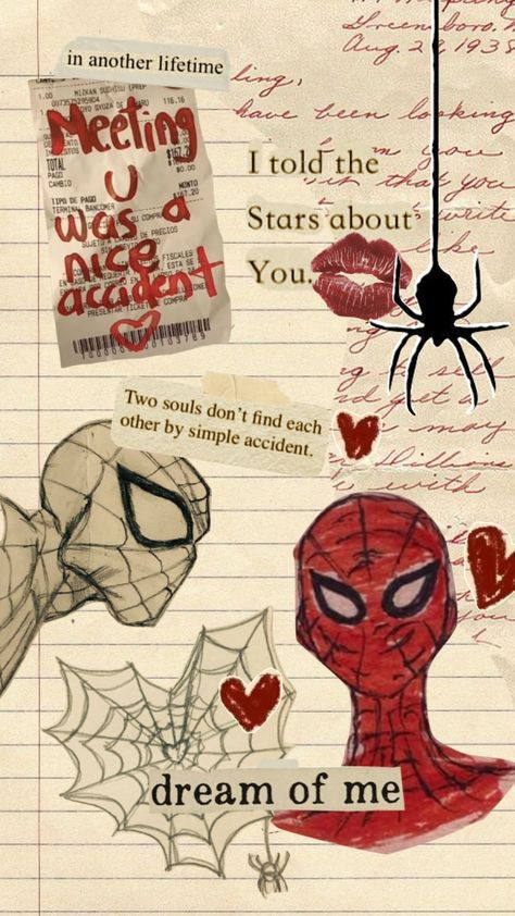 pov spiderman just saved you and now you’ll never get over him so this is what your journal looks like #spiderman #mcu #moodboard Spiderman Notebook Cover, Spiderman Love Drawing, Spiderman Bio Ideas, Spiderman Aesthetic Drawing, Spiderman Journal Ideas, Spiderman Love Quotes, Spiderman Drawing Easy, Notebook Fillers, Journal Fillers