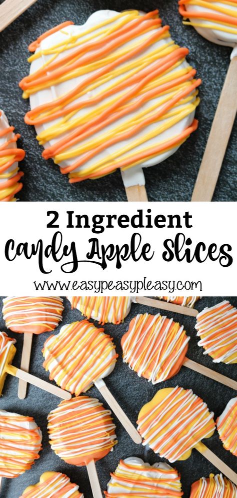 Easy to make 2 Ingredient Candy Apple Slices on a stick are perfect for Halloween. I am all about the colors of candy corn for Halloween treats. Apple Slice Pops Halloween, Candy Corn Apples, Candy Apple Making Station, Candy Corn Birthday Theme, Carmel Apple Slices Halloween, Candy Apple Slices Halloween, Caramel Apple Slices Halloween, Halloween Candy Apple Slices, Sliced Candy Apples On A Stick