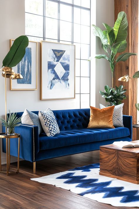 brown-and-blue-living-room Royal Blue Living Room Color Scheme, Boho Blue Living Room, Blue Couch Decor, Blue Living Room Color Scheme, Blue Living Room Color, Blue Living Room Ideas, Navy Couch, Brown And Blue Living Room, Gold Rooms