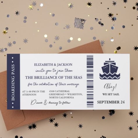 Wedding Ticket, Cruise Ship Wedding, Boarding Pass Wedding Invitation, Boarding Pass Invitation, Ship Wedding, Cruise Wedding, Navy Background, Wedding Stickers, Time To Celebrate