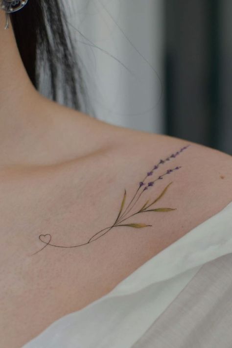 Lavender Shoulder Tattoo, Lilac Back Tattoo, Lavender Tattoo Ideas, Small Lavender Tattoo, Lavender Tattoo Black, Lavender Tattoo Design, Purple Flower Tattoo, Tattoo Lavender, White Rose Tattoo