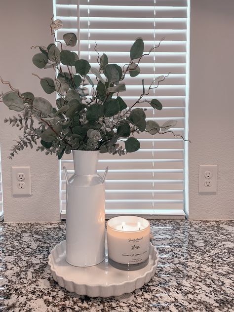 Small Eucalyptus Arrangement, Eucalyptus Coffee Table Decor, Eucalyptus Farmhouse Decor, Fake Eucalyptus Decor, Greenery Arrangements For Home, Eucalyptus Arrangement, Eucalyptus Centerpiece, Kitchen Centerpiece, Simple Farmhouse