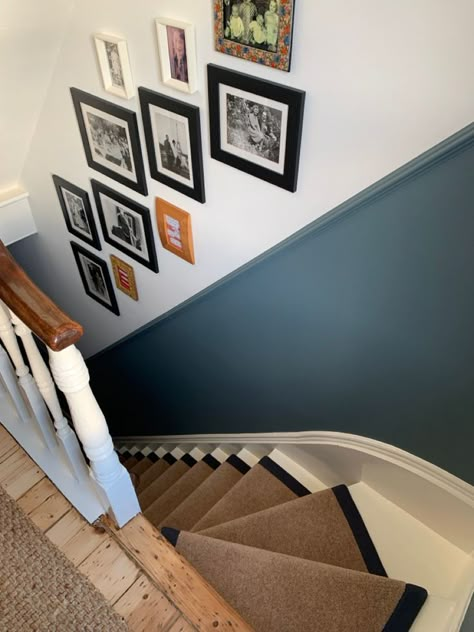 Painted Hallway Stairs, Blue Victorian Hallway, Staircase Wall Design Paint, Hallway Split Colour, Half Painted Stairway, Enclosed Stairs Decor, Two Colour Hallway, Two Tone Hallway Ideas, Green Panelled Hallway