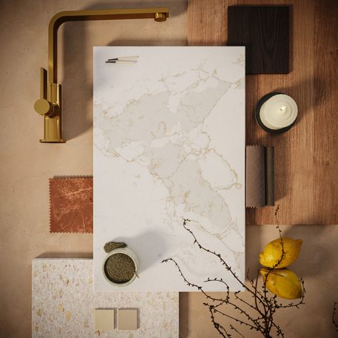 5116 Calacatta Nectar Quartz Countertop | Caesarstone US Caesarstone Quartz, Calacatta Nuvo, Green Meadow, Countertop Colours, Color Catalog, Quartz Surfacing, Extraordinary Moments, Quartz Countertop, Holiday House