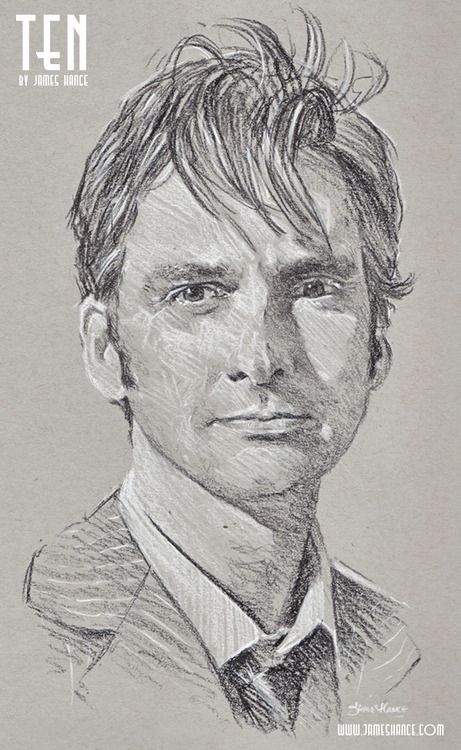 Latest Doodle - ‘Ten’ (Doctor Who - Charcoal)  “People assume that time is a strict progression of cause-and-effect… but actually, from a non-linear, non-subjective viewpoint, it’s more like a big ball of wibbly-wobbly… timey-wimey… stuff.” - by James Hance Cheerful Art, Doctor Who 10, Doctor Who Fan Art, Mad Man, Doctor Who Art, Christopher Eccleston, 10th Doctor, Tenth Doctor, Puppy Face