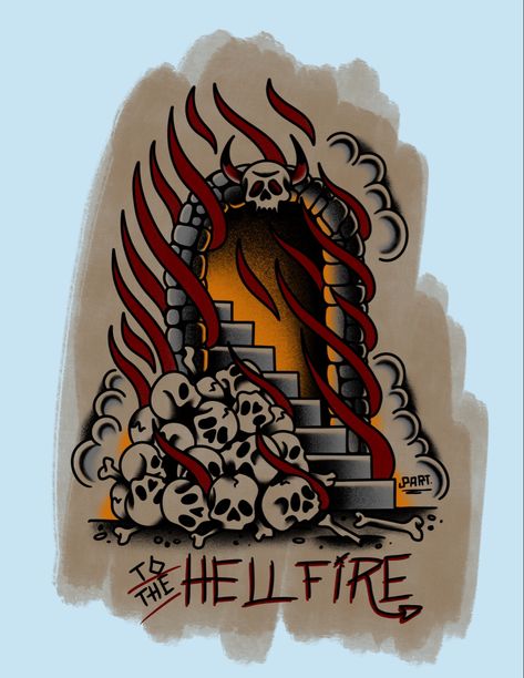 #tattoo #traditionaltattooflash #lornashore #art #artist #procreate #painting #watercolor #aesthetic #hell #metal #tattooideas #tattoodesign #tattooinspiration #artistsoninstagram Traditional Portal Tattoo Flash, American Traditional Tattoos Large, Hellfire Club Tattoo, Western Scene Tattoo, Traditional Portal Tattoo, Traditional Native American Tattoos, Painting Watercolor Aesthetic, Hellraiser Tattoo, Procreate Tattoo Design