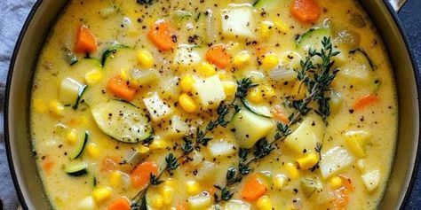 Summer Corn and Zucchini Chowder – wallacegardencenter Corn And Zucchini Chowder, Zucchini Chowder, Vegetarian Corn Chowder, Summer Corn Chowder, Summer Soup Recipes, Corn Chowder Soup, Corn And Zucchini, Easy Casserole Dishes, Corn Chowder Recipe