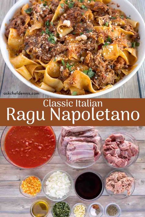 Ragu Napoletano is made with beef, pork, tomatoes, and seasonings that are slowly simmered to create a rich, hearty meat sauce. This delicious recipe from Ask Chef Dennis is the perfect meal your whole family will love! Grab the ingredients and make this delicious meal today! You will make this recipe over and over again. Sunday Recipes Dinner Comfort Foods, Pork Shoulder Ragu, Italian Meat Recipes Beef, Traditional Ragu Recipes, Ragu Meat Sauce Recipe, Meat Ragu Recipe, Authentic Italian Beef Recipes, Authentic Italian Bolognese Sauce, Ragu Bolognese Recipe