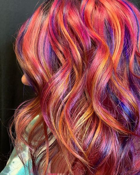 Sun Set Hair Color, Sunset Hair Color, Colorado Sunset, Fun Hairstyles, Vivid Hair, Sunset Hair, Fire Hair, Vivid Hair Color, Color Highlights