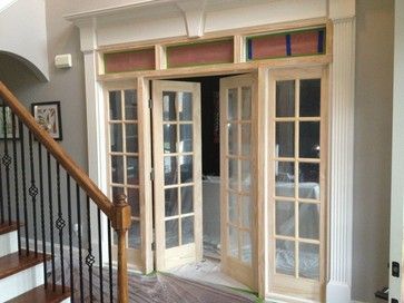 Adding French doors to wide space Front Room Office With French Doors, Adding Doors To Home Office, Adding French Doors To Dining Room, Adding French Doors To A Room, Farmhouse French Doors Exterior, Wide Doorway Ideas, French Doors For Office, French Door Office, Diy French Doors