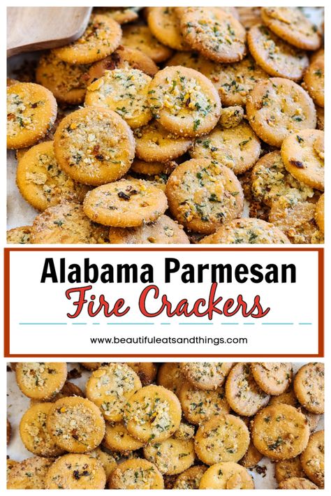 Alabama Parmesan Fire Crackers - Beautiful Eats & Things Homemade Snack Crackers, Alabama Fire Crackers Recipe, Oyster Crackers Recipe, Spicy Crackers, Parmesan Crackers, Crackers Appetizers, Fire Crackers, Oyster Crackers, Snack Mix Recipes