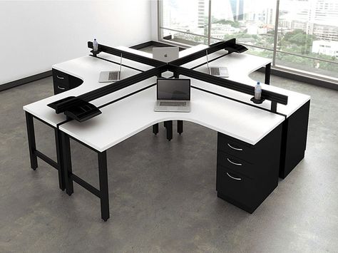 A custom design by Joyce Contract, this  5'x 5' 4 person desking unit provides a customizable tool rail and pedestal storage unit. for optimized efficiency. http://joycecontract.com/office_tables_desks/desking_benching.html 5 Person Office Layout, 4 Person Office Layout, 4 Person Desk, Japanese Office Design, Minimalist Office Design, Chiropractic Office Design, Work Office Design, Cubicle Design, Office Cubicles