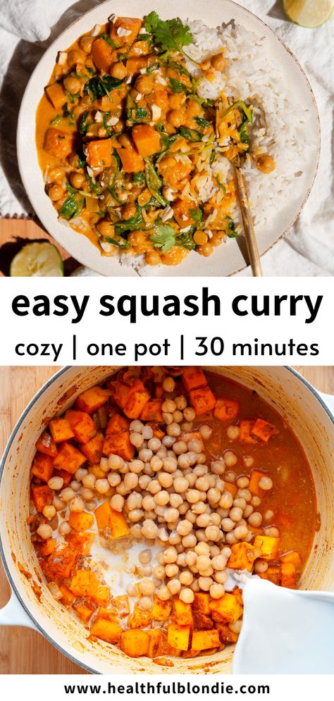 This under-30-minute cozy butternut squash chickpea curry is rich, creamy, and comforting! It's Thai-inspired, made in one pot, and perfectly spiced. A healthy and cozy weeknight dinner or meal prep! Dairy Free Tomato Soup, Squash Curry, Butternut Squash Curry, Chickpea Curry Recipe, Dinners Recipes, Chickpea Curry, Healthy Fall, Pan Recipes, Prep Recipes