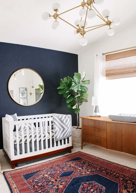 Mid Century Modern Credenza, White Crib, Navy Walls, Nursery Modern, Casa Vintage, A Rug, Baby's Room, Modern Nursery, Nursery Inspiration