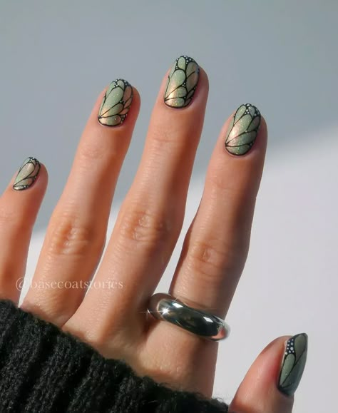 Essie Mystic Marine, Hozier Nail Art, Fairycore Nails Short, Fae Inspired Nails, Fairy Wing Nail Art, Short Mystical Nails, Fairy Nails Green, Fairy Nail Art Short, Fairy Green Nails