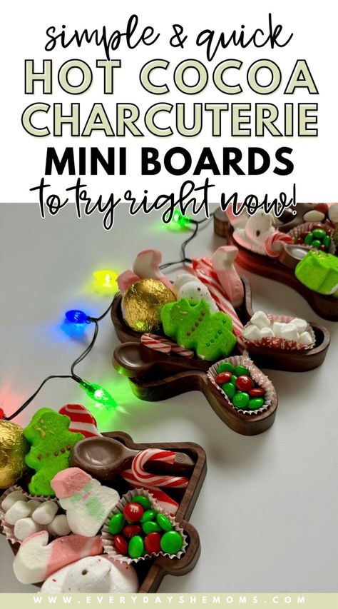 Cute DIY Hot Cocoa Christmas Charcuterie - Everyday She Moms Hot Cocoa Party, Cocoa Party, Hot Cocoa Christmas, Diy Pallet Wall, Diy Hot Cocoa, Christmas Charcuterie, Mini Candy Canes, Gingerbread Party, Chocolate Spoons