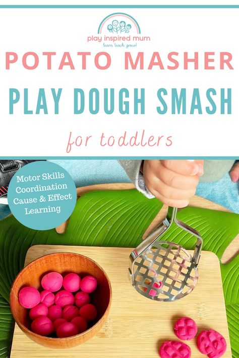 toddler holding potato masher, squashing balls of pink play dough on a wooden board Preschool Potato Activities, Supertato Playdough, Potato Activities For Kids, Chickpeas Sensory Play, Coloured Pasta Sensory Play, How To Dye Noodles For Sensory Play, Potato Masher, Kitchen Drawing, Playdough Activities