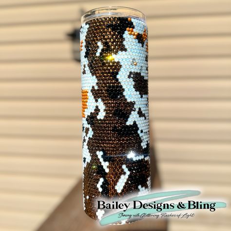 Calling all my cow loving blingers! This pattern may be for you. I was inspired by the Texas longhorn hide when creating this and I think it turned out so pretty! What do you think? Also check out my reels for a video! This pattern is available on my Etsy now. All rhinestones used are from The Blinging Bluebird. You can save $5 off a single order of $50 or more with code Amanda5. #rhinestonepattern #texaslonghorn #cowpattern #cowhide #custom #blingyourworld #rhinestonetumbler #baileybling Cowhide Pattern, Rhinestone Tumbler, Texas Longhorn, Texas Longhorns, Cow Pattern, Blue Bird, Dish Soap, Drinkware, Things To Think About