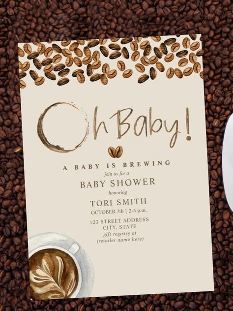 A Baby Is Brewing Oh Baby Coffee Beans Baby Shower Invitation Coffee themed baby shower with "Oh Baby!" #babyshower #babyshowersgifts #babyshowercards #babyshowerparty #newborn #coffee #coffeelovers A Little Bean Is On The Way, Something Is Brewing Baby Shower Theme, A Baby Is Brewing Coffee Theme, Baby Brewing Baby Shower Ideas, Baby Brewing Coffee Shower Ideas, Coffee Shop Baby Shower Ideas, A Baby Is Brewing Coffee Baby Shower Ideas, Baby Brewing Shower Ideas Coffee, Baby Shower Coffee Theme