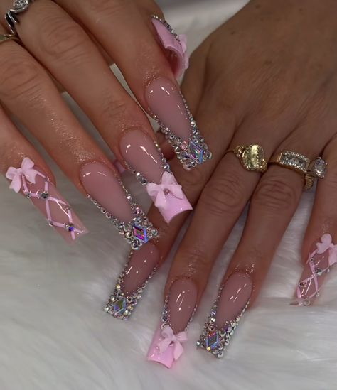 Pink Nail Designs Bling, Triple Pink Nails, Birthday Nails 17th Birthday, Pink Nails Acrylic With Rhinestones, 15 Birthday Nails Acrylic, Pink 21st Birthday Nails, 21 Birthday Nail Ideas, 16 Birthday Nails Acrylic, 17th Birthday Nails Acrylic