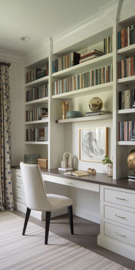 Home Library Built Ins, Built In Bookshelves With Desk, Office With Built In Bookshelves, Study Home Office, Library Study, Study Home, Bookshelves, Home Office, Sleek