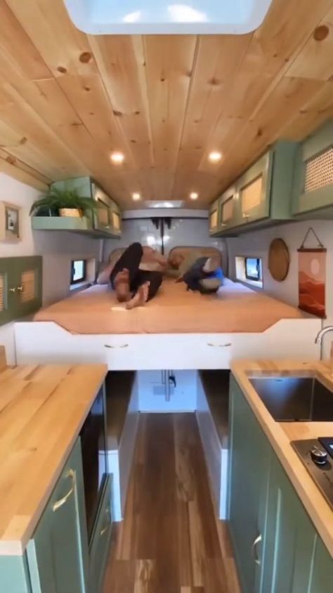 🏕Vanlife | Wanderlust | Camper on Instagram: “Living the van life to see the world! Get out there and live! 🥾⛺ Tag a Friend! 👊❤️ - For more VanLife Content Follow🚐; @vanlifevirals &…” Campervan Green Interior, Campervan Slide Out Bed, Slide Out Bed Van, Van Slide Out Bed, Green Van Interior, Green Camper Interior, Caddy Camping, Sliding Bed, Trailer Inspiration