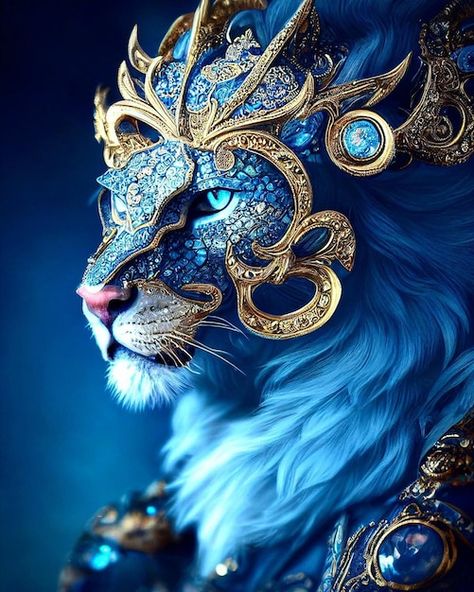 A blue lion with gold accents and a blue... | Premium Photo #Freepik #photo #lion-art King Diamond, Blue Mask, Gold Lion, Blue Lion, Lion Art, Diamond Print, Blue Design, Blue Aesthetic, Printed Pillow