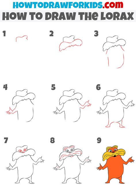 how to draw the lorax step by step The Lorax Sketch, How To Draw Dr Seuss Characters, How To Draw The Lorax Step By Step, How To Draw Snoopy Step By Step, Lorax Drawing Easy, Step By Step Character Drawing, How To Draw Characters Step By Step, The Lorax Drawing, Lorax Characters